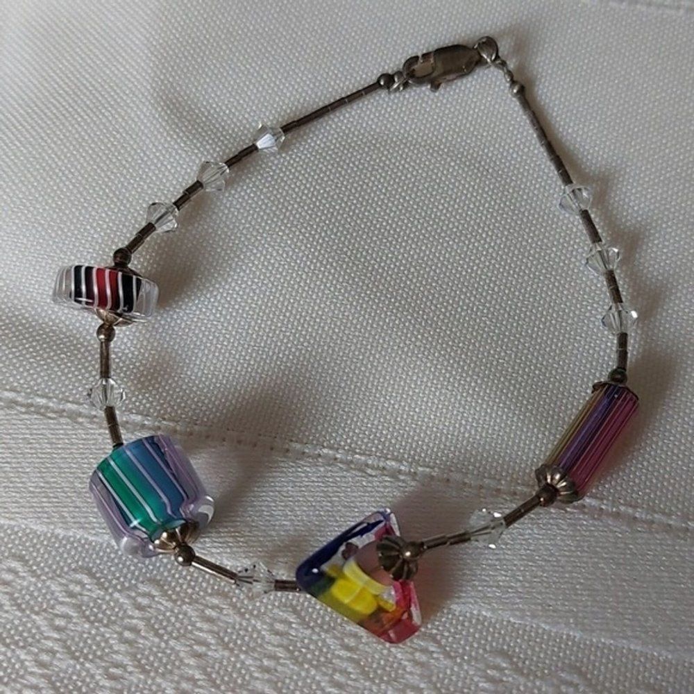925 Sterling Silver Bracelet Cane Art Glass Geometric Shaped Beads